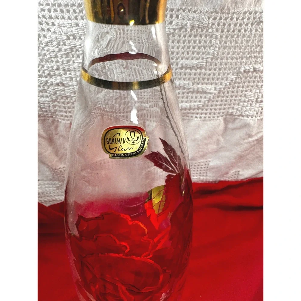 Bohemia Glass Red Rose Gold Gilt Vase Vintage Czechoslovakia Frosted Art Glass